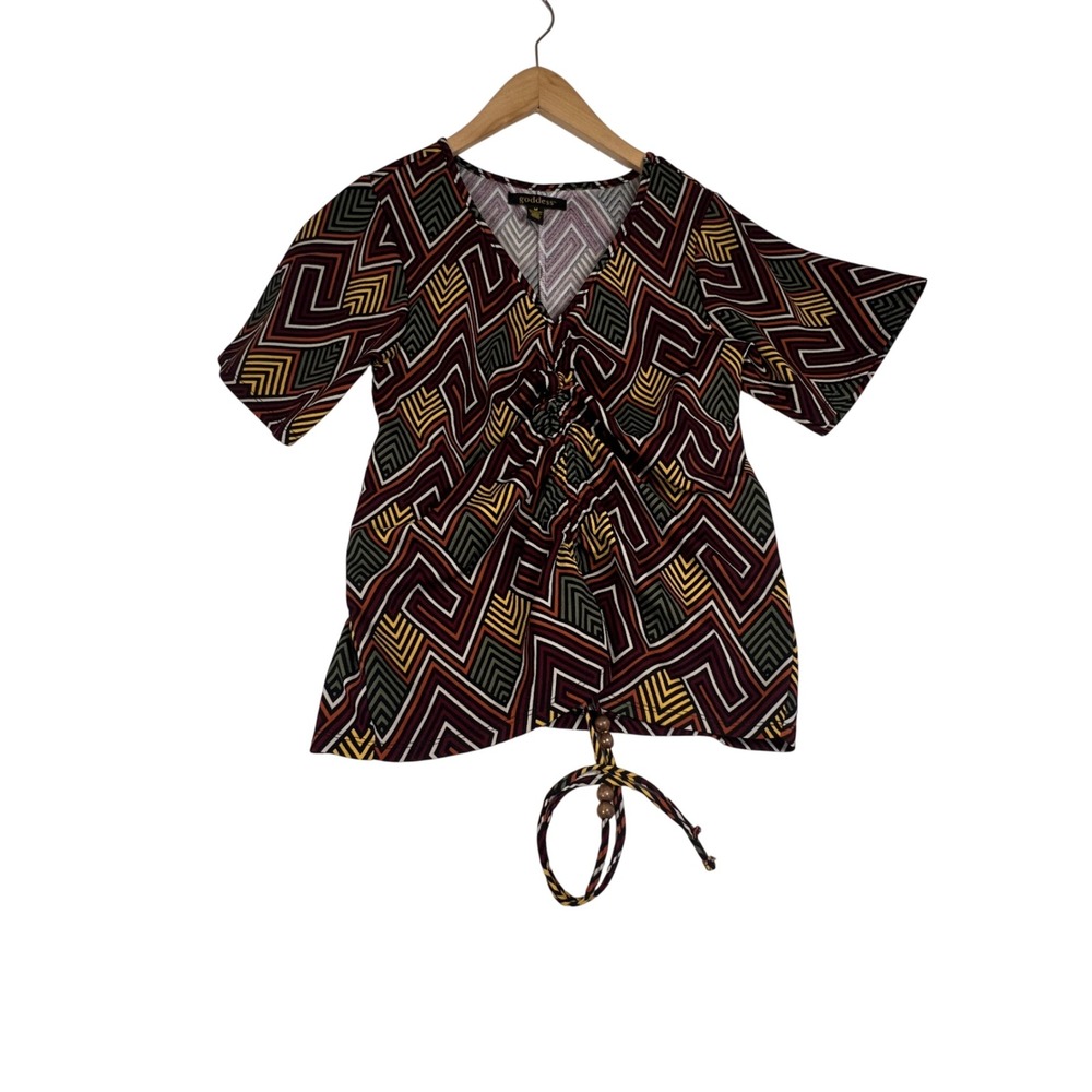 Goddess Geometric Chevron V-Neck Top Short Sleeve Drawstring Wood Bead Size M